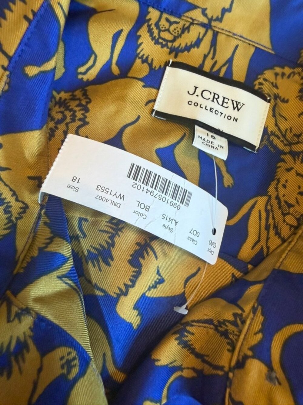 J. Crew Collection Blue Gold Lion Print Silk Shirt Blouse Size 18 Women's NWT - Picture 3 of 14